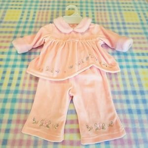 KIDS PLAY ♡ Velvety Pink Baby Girl 2pc Embroidered Floral w/Fake Fur Outfit 0-3M